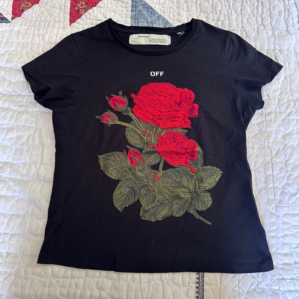 Off-White T-Shirt Black Embroidered Rose Woman Graphic Tee